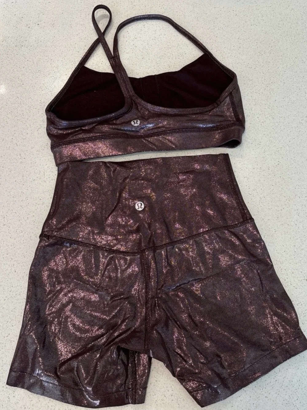 Rare ALO Yoga Metallic Brown Shimmer Sports Bra & High-Waist Shorts Set